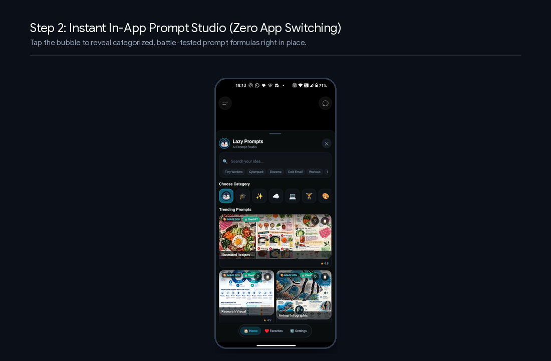 Step 2: Instant in-app prompt studio overlay sliding over ChatGPT