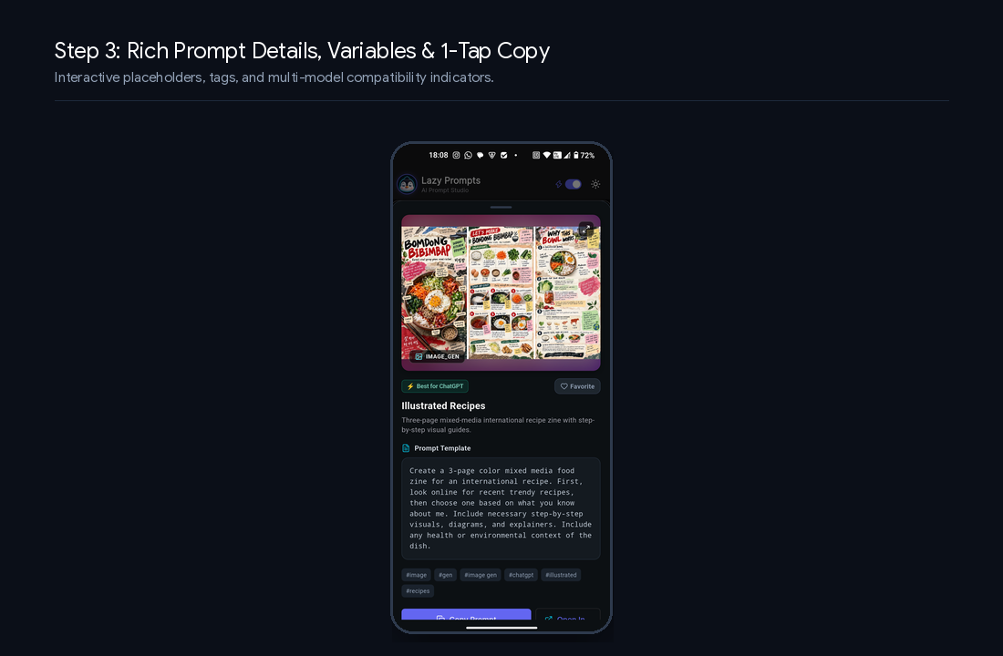 Step 3: Interactive prompt template detail sheet with dynamic variable inputs
